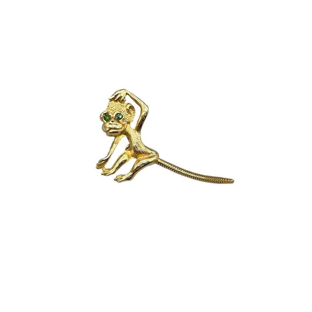 Vintage Gold Tone Monkey Brooch with Green Rhinestone Eyes & Movable Tail